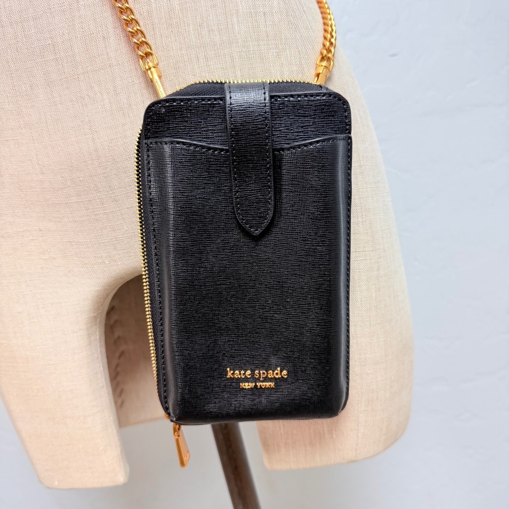 NEW Kate Spade Black Leather Crossbody Phone Wallet Bag Gold Chain Strap
